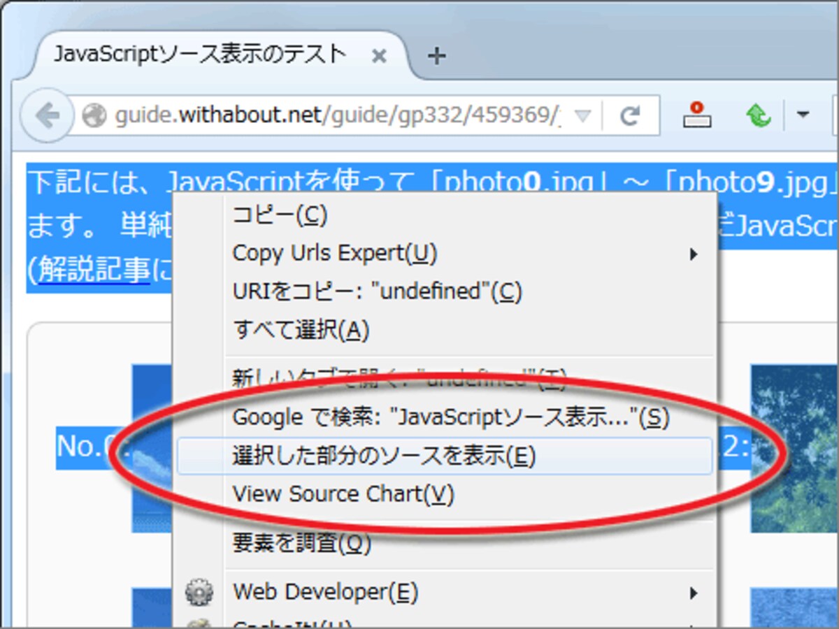 「選択した部分のソースを表示」をクリック