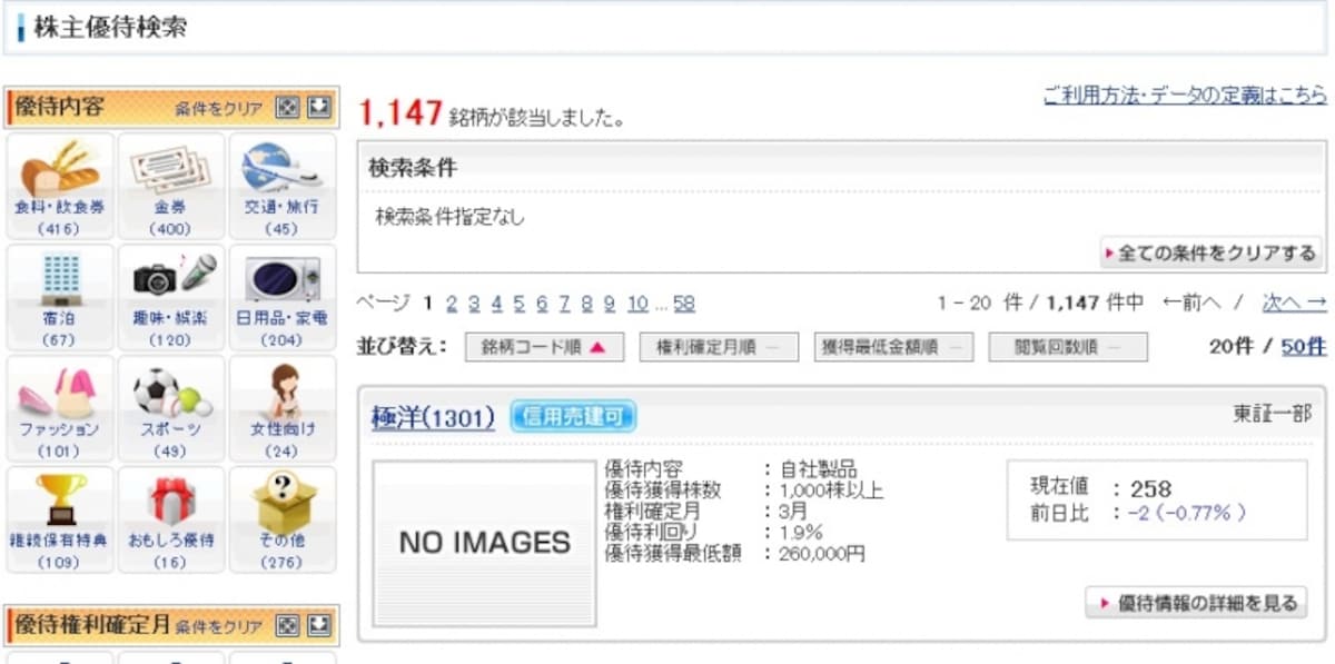 SBI証券　株主優待検索