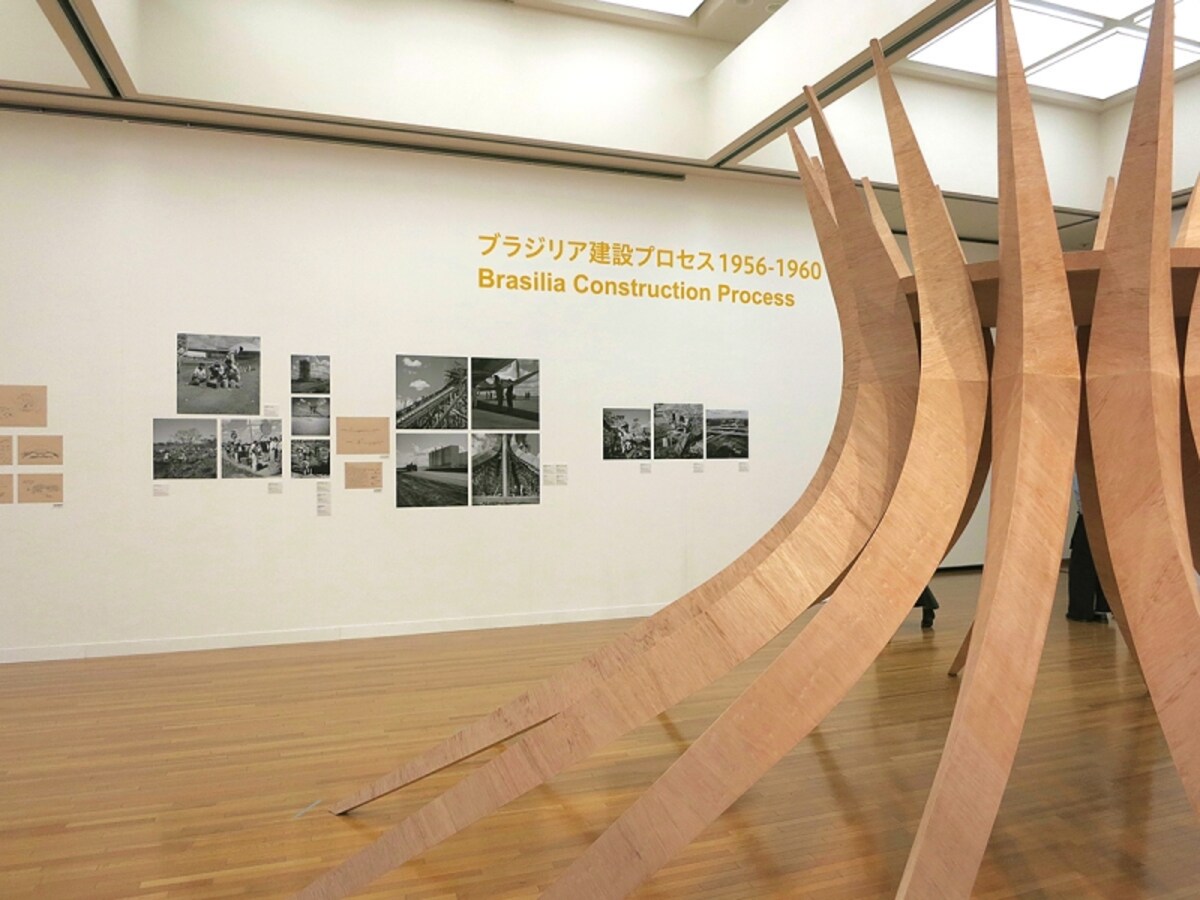 天井迄届きそうな大きな木構造物とブラジリア展示コーナーの画像  