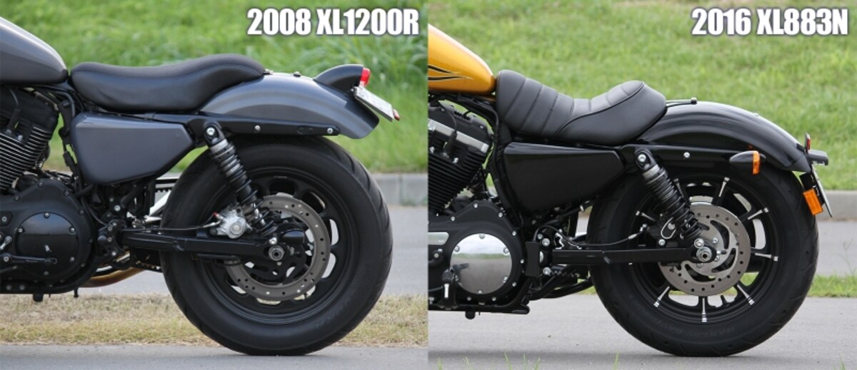 ［左］2008 XL1200R ［右］2016 XL883N リアまわりの違い
