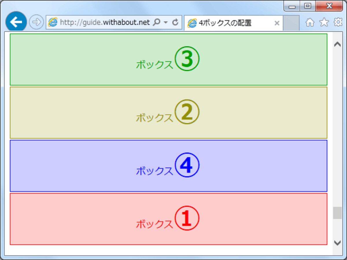 flexbox例5：全ボックスの配置を個別に指定(縦並び)