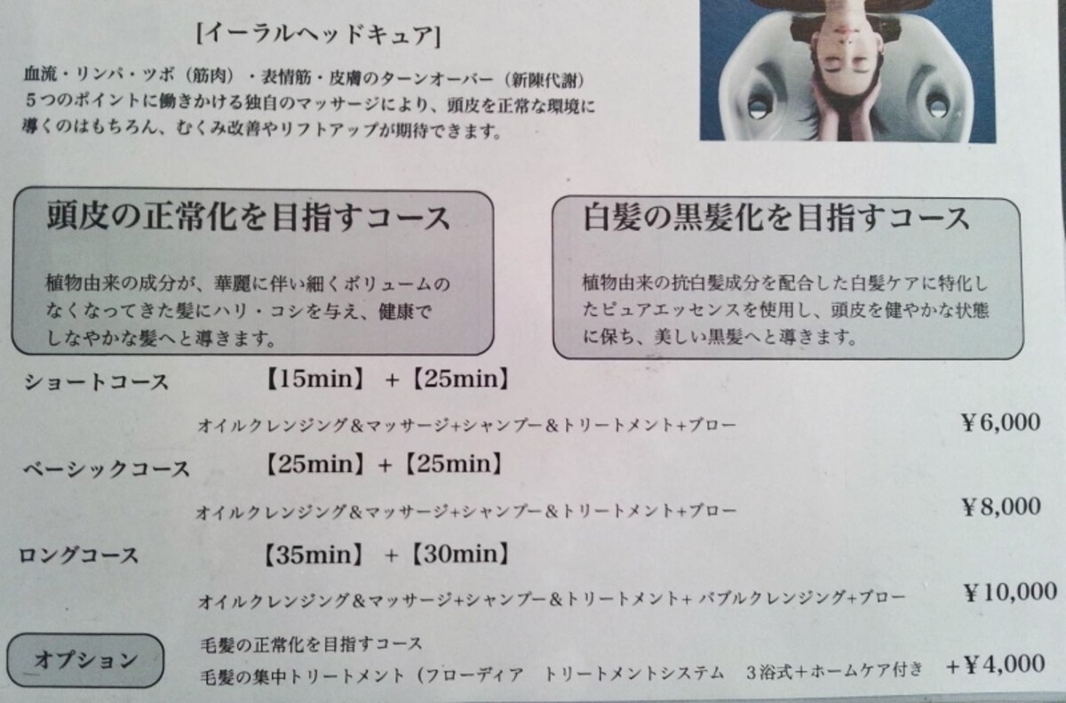 ヘッドキュアのメニュー表