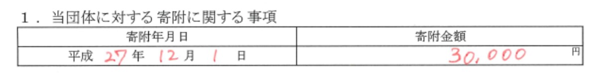ワンストップ特例の申請書「1. 当団体に対する寄附に関する事項」：ふるさと納税をした年月日と寄附金額を記入