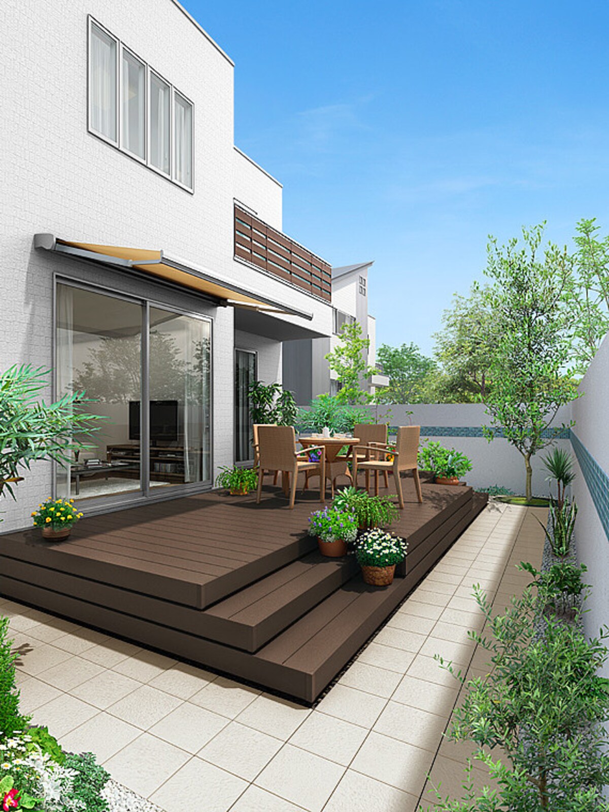 芯材部は100%リサイクル材の樹脂と木粉を使用した環境配慮商品。LIXIL共通の木目色で、アプローチやバルコニー、玄関などとカラー統一も可能。[エクシオール ウッドデッキ 樹ら楽ステージ 施工例　クリエモカＡ]  LIXIL 　http://www.lixil.co.jp/