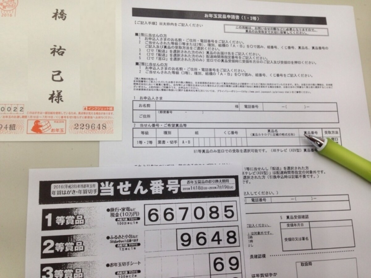 当せんはがきと引換手続き書類