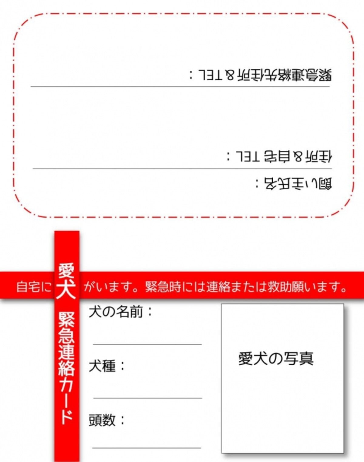 愛犬用エマージェンシーカード見本（表）