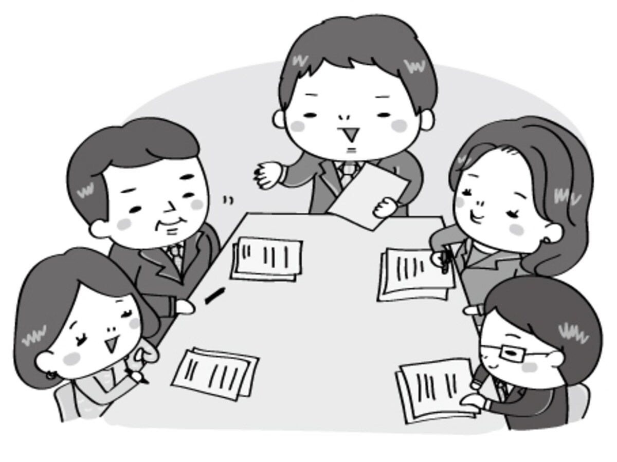 【モノクロ】会議の様子のイラストです。