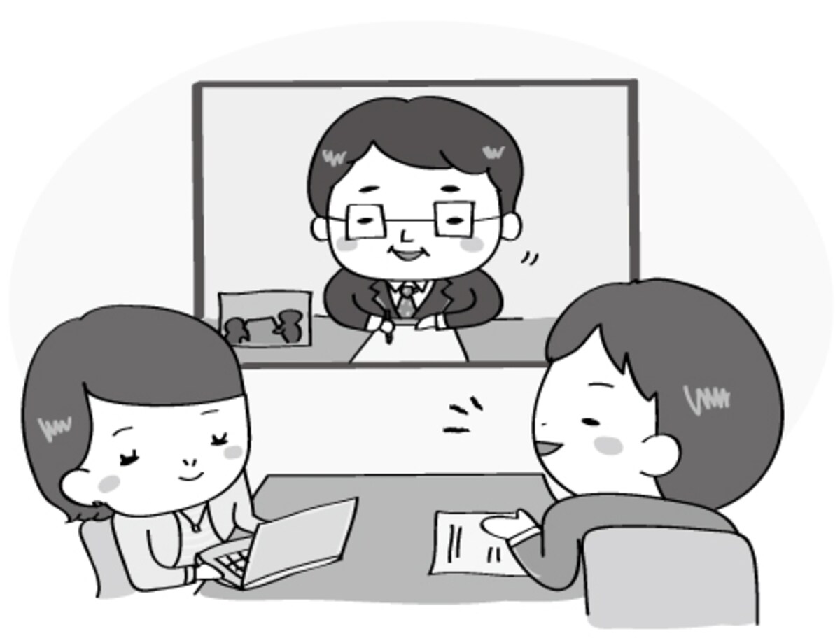 【モノクロ】テレビ会議の様子のイラストです。