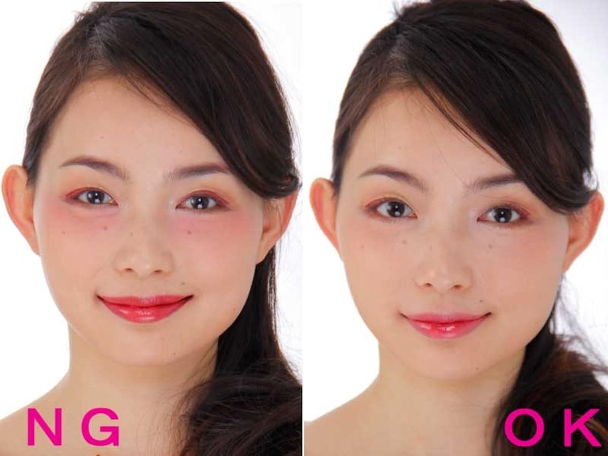 左：盛りすぎNGメイク　　　右：OK赤シャドウメイク