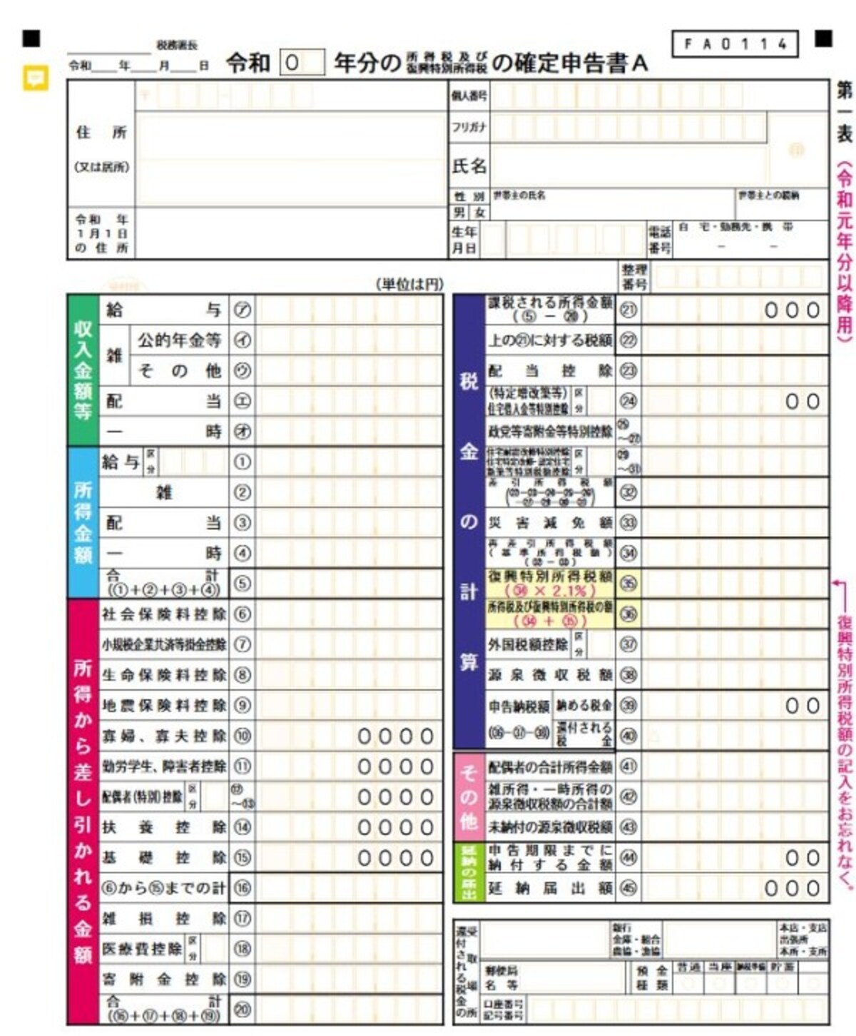 確定申告書A様式イメージ。(画像は国税庁ウェブサイトより)