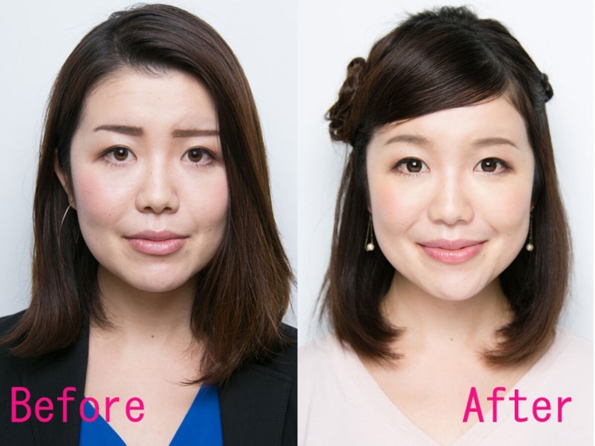 （左）beforeバリキャリ風メイク（右）afrer女子アナ風メイク