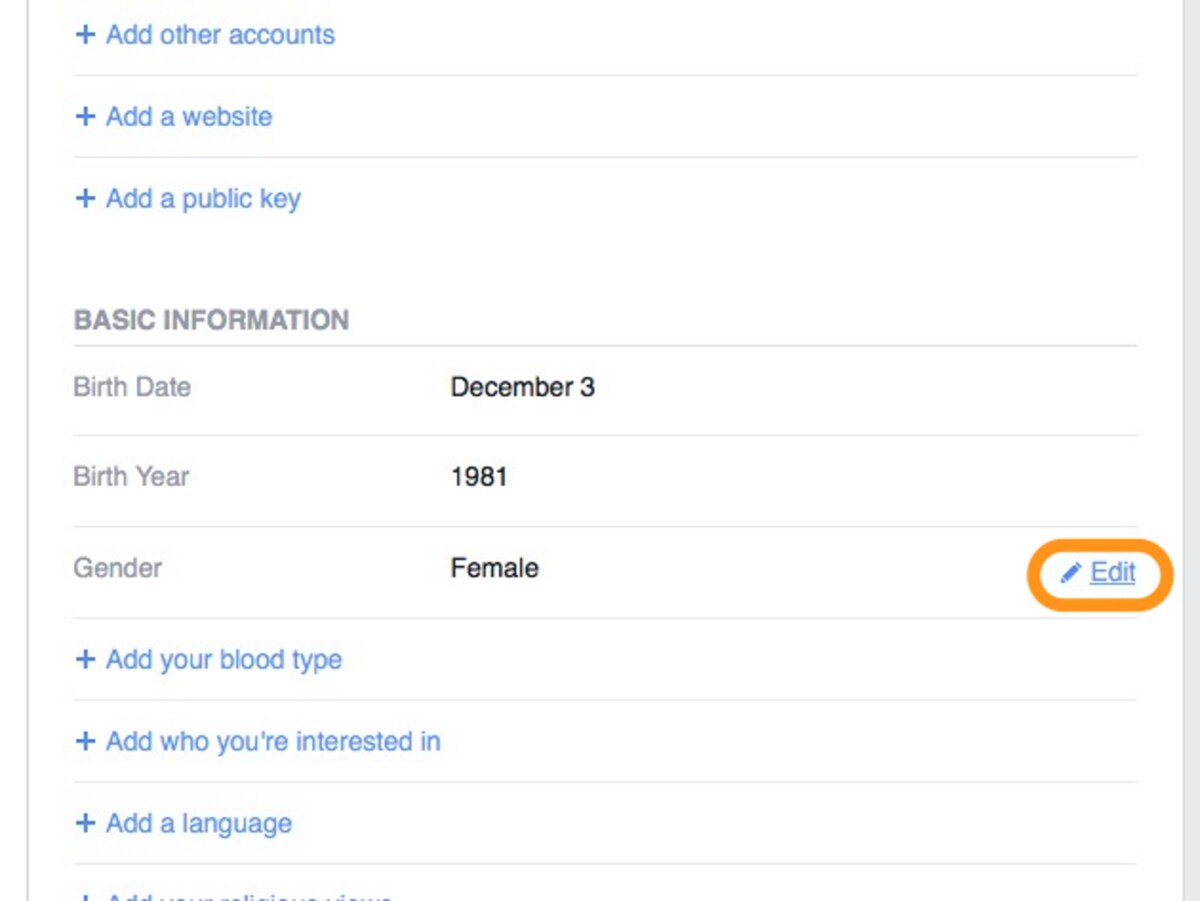 ［Contact and Basic Info］をクリックし、Genderにカーソルをのせて［Edit］をクリック