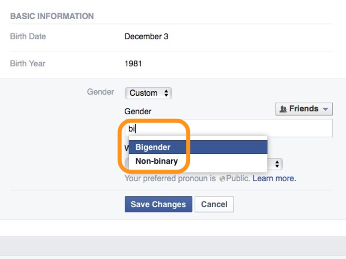 例えば「bi」と入力するとBigender（性自認が両性）と、Non-binary（男女の二分類に当てはまらない）が候補に表示される