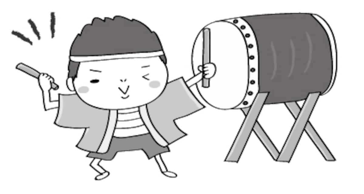  太鼓　夏祭り　イラスト　白黒　かわいい