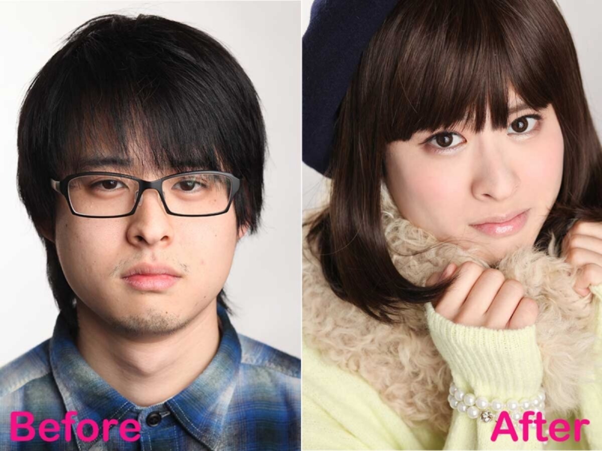 （左）ビフォー。20代男性　　（右）アフター。アイドル風女装メイク