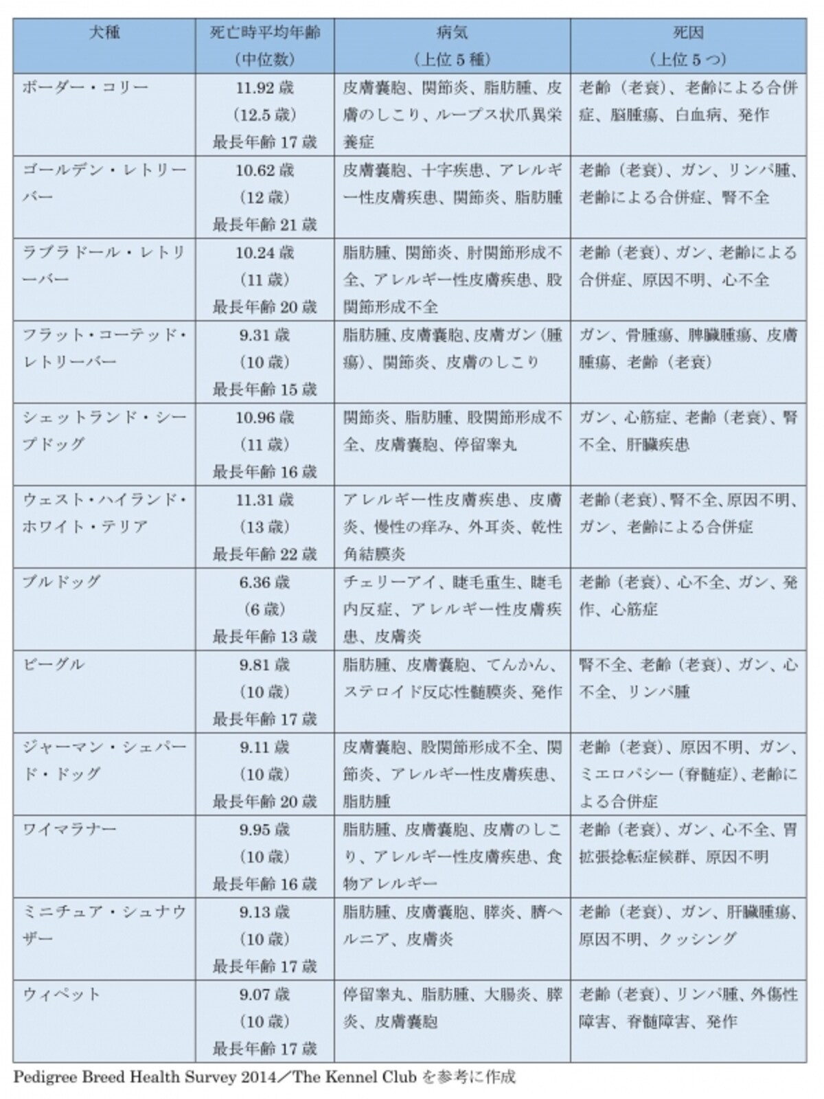 犬種による比較（抜粋）