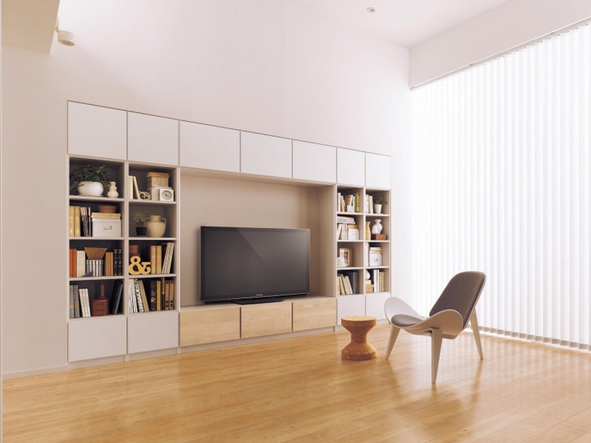 壁面を利用し、テレビとともに、見せる収納と隠す収納のバランスを持たせたシステム収納プラン。[システムファニチャー キュビオス] 　パナソニック エコソリューションズhttp://sumai.panasonic.jp/