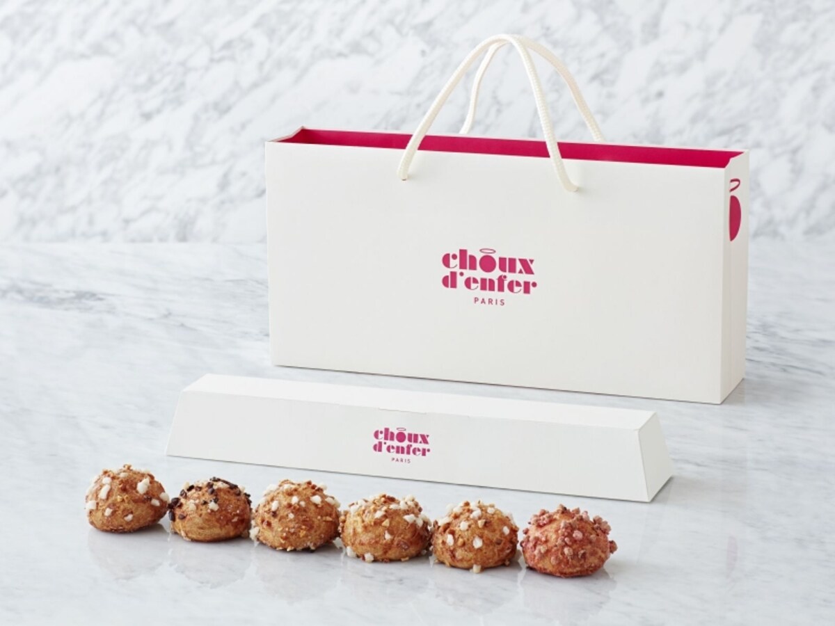 「choux d'enfer PARIS(シュー・ダンフェール パリ)」の6種のシュークリーム(6個セット:「グルマン」税別680円 ※専用BOX付き/3個セット2種:「トラディション」(ショコラ、キャラメル、アグリュム)税別290円、「セゾン」(カスタード、抹茶プレミアム、さくら)税別340円 ※「セゾン」のシーズンフレーバーの内容は約2ヶ月ごとに変更