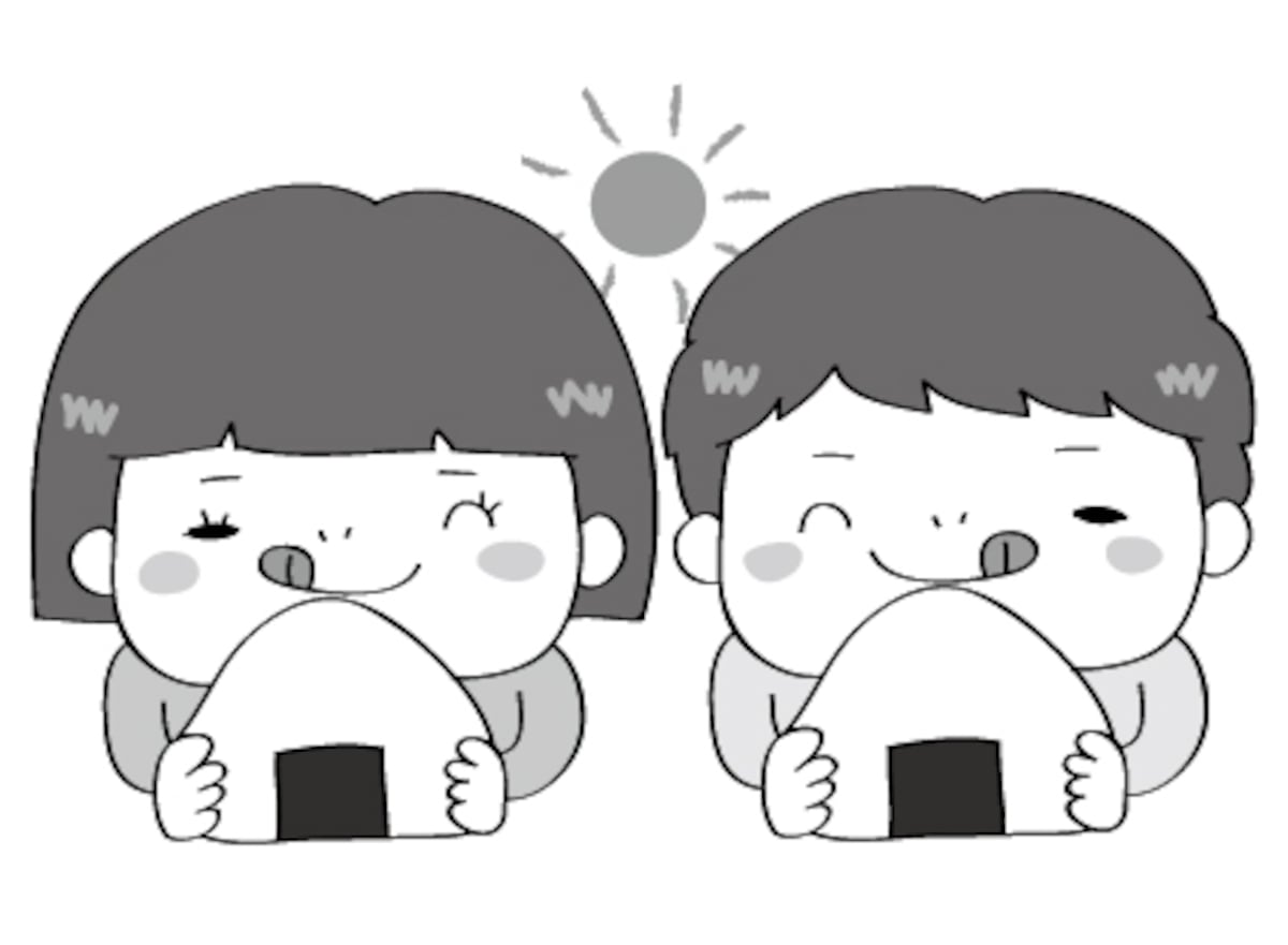 おにぎりを持つこども　遠足　イラスト　白黒　かわいい