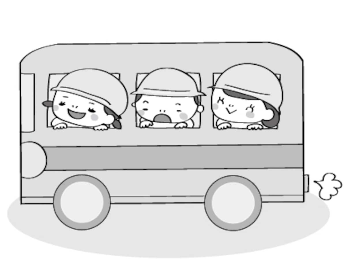 バス　遠足　イラスト　白黒　かわいい