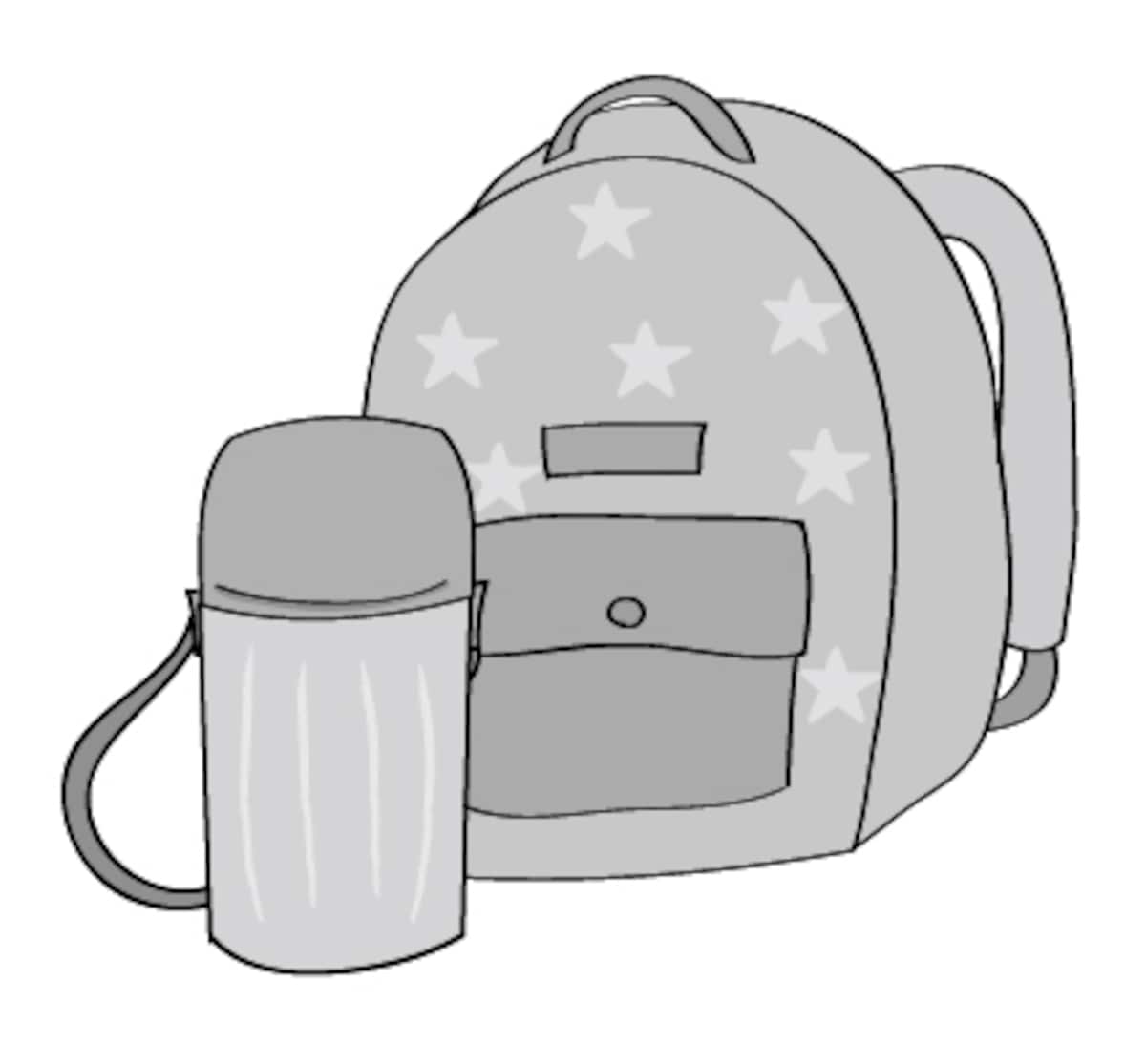 リュックと水筒　遠足　イラスト　白黒　かわいい