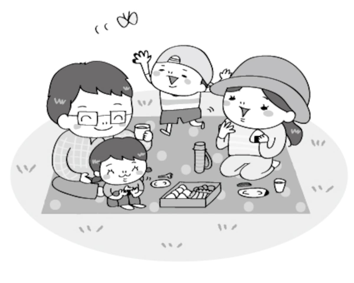 家族ピクニック　遠足　イラスト　白黒　かわいい