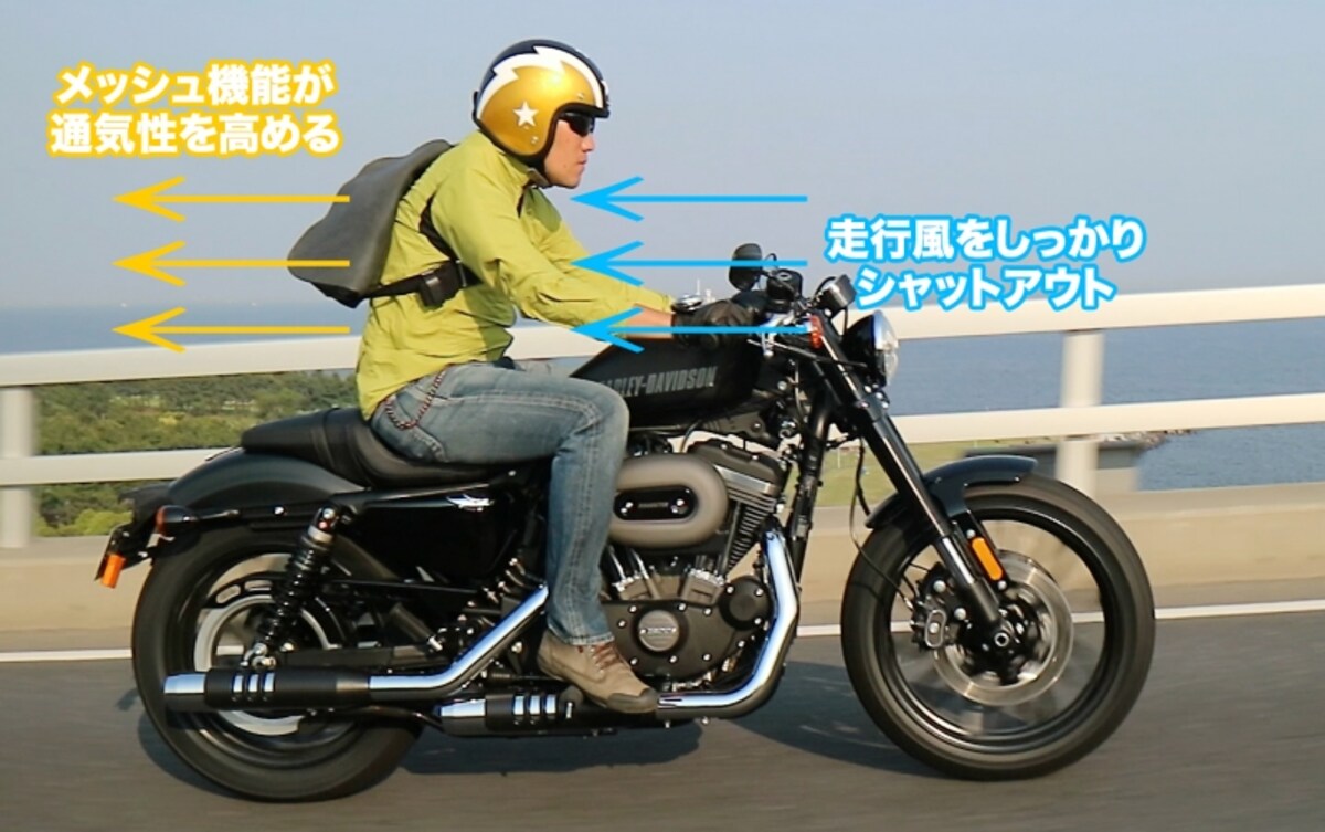 フロントのシェル素材が冷たい風をシャットアウトし、ジャケット内の蒸れた空気をメッシュが外に出してくれる