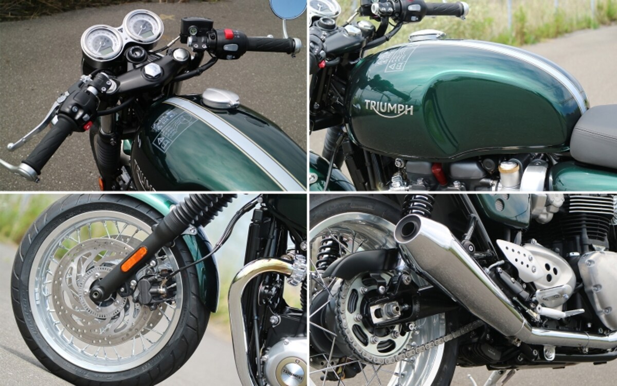 往年の英車そのままのフューエルタンク、セパレートハンドル&バックステップ、スポークホイール、メガホンマフラーなどなど、造形へのこだわりを随所に見せるスラクストン