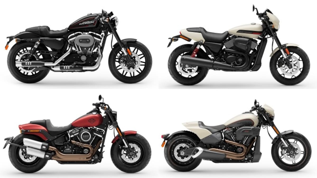 ロードスター（左上）、ストリートロッド（右上）、ファットボブ（左下）、FXDR114（右下）と、ハーレーのなかでもレーシーなDNAを受け継ぐモデルたち。