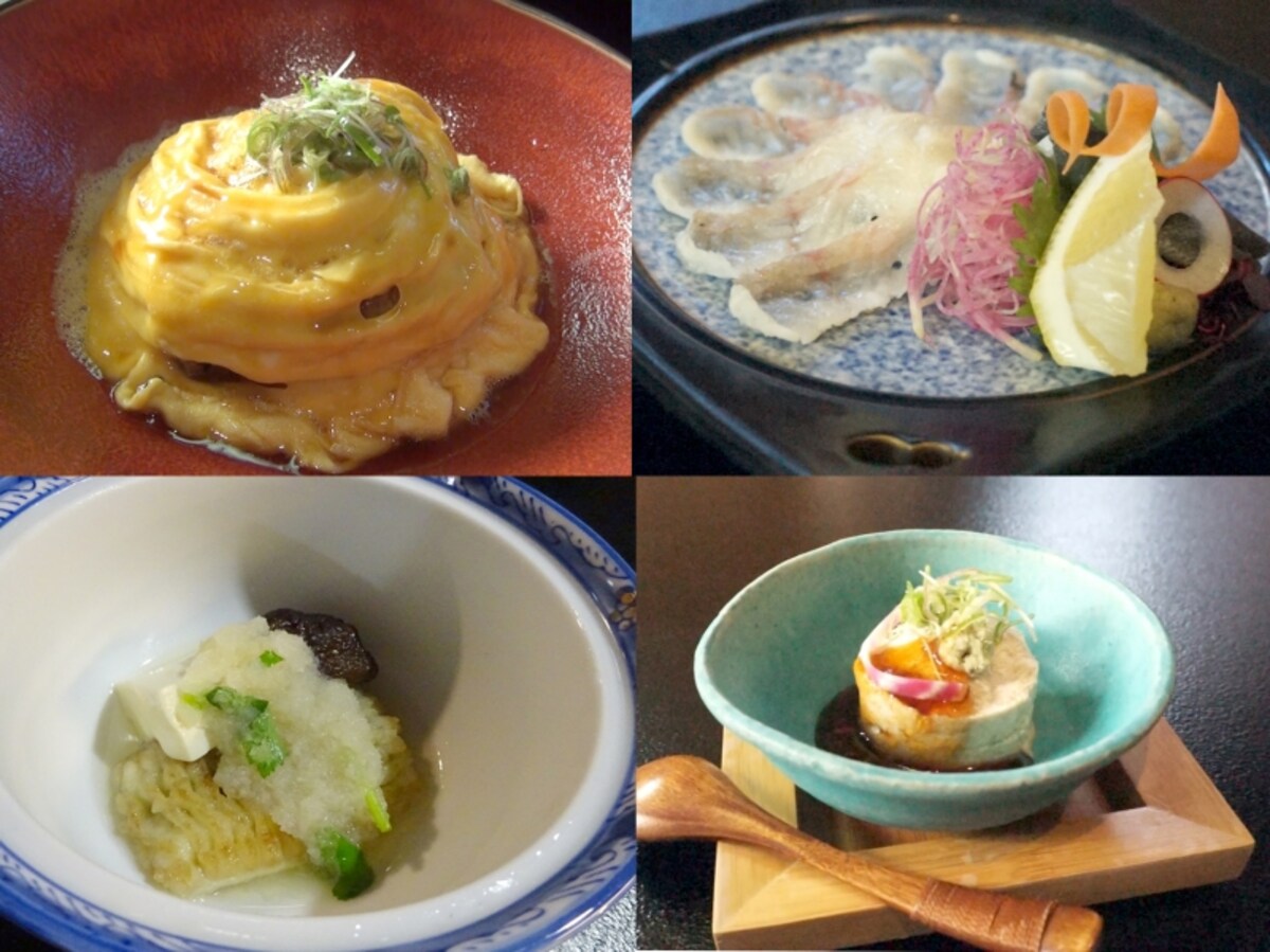 うなぎ専門料理店 川昌本店　「お食事」金のうな丼(左上)、「お造り」うなさし(右上)、「煮物」うなぎ吉野みぞれ煮(左下)、「小鉢」うなぎムース寄せ(右下)