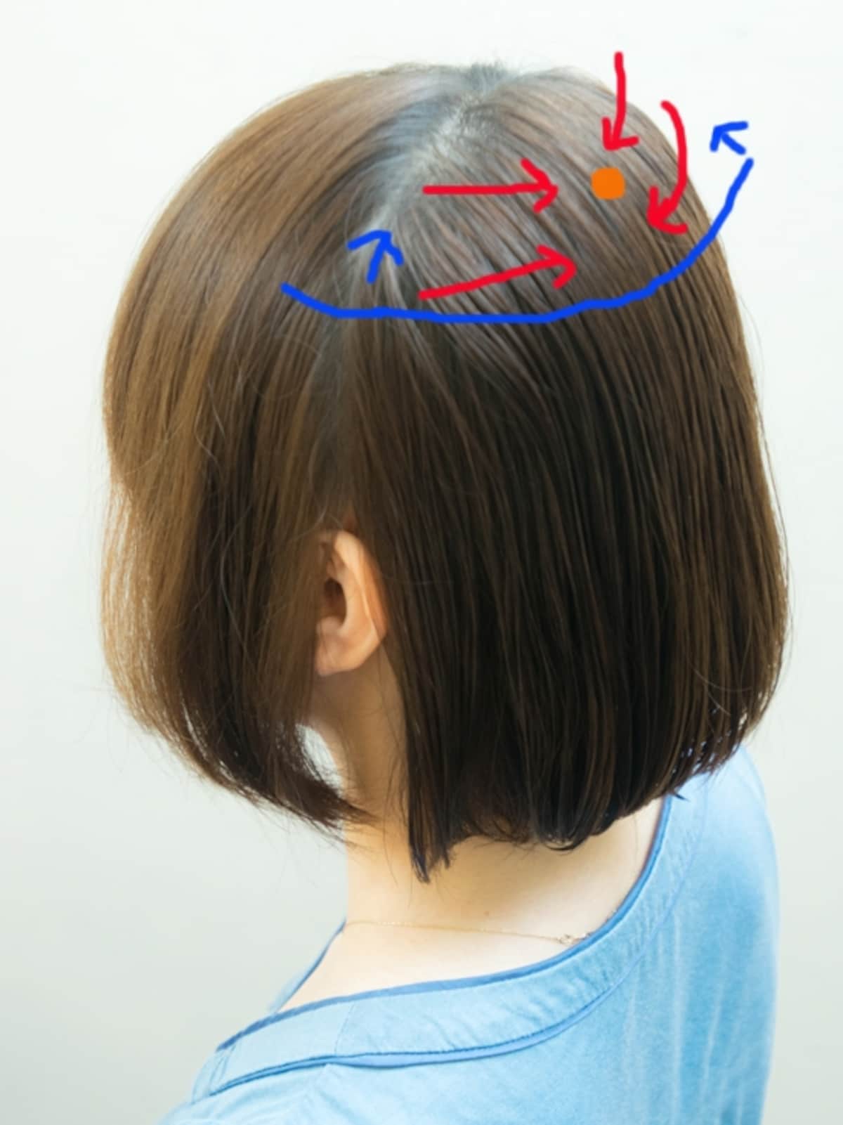 つむじの位置で分かれやすいので、赤い矢印の方向に乾かす