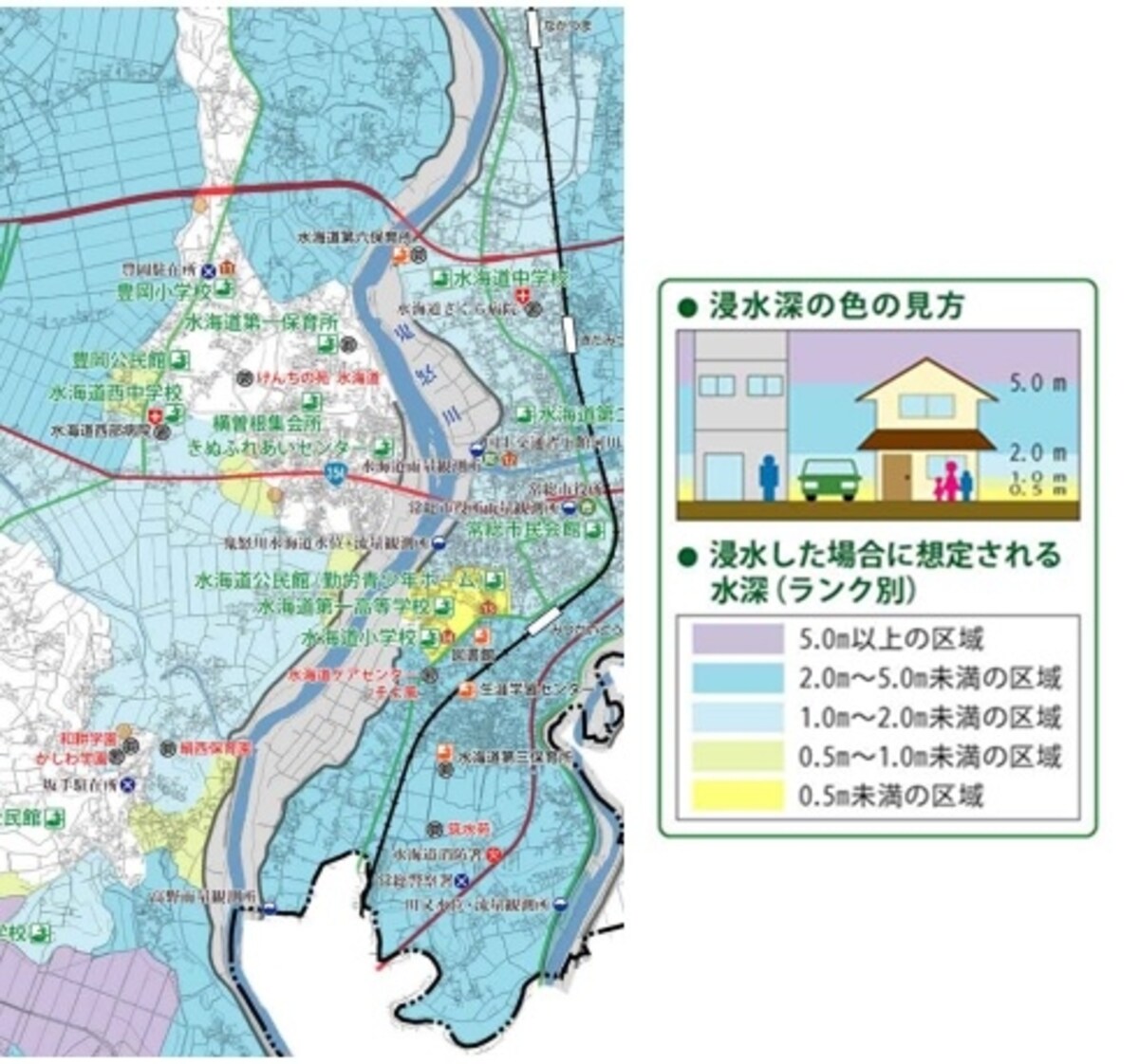 常総市が公開している洪水ハザードマップの一部