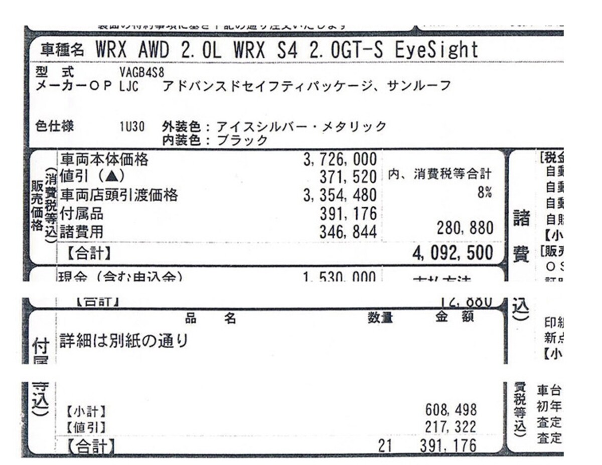 スバル・WRX S4 2.0 GT‐Sアイサイト（アドバンスドセイフティパッケージ付き）