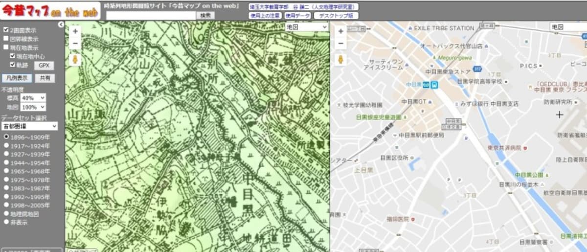 現在の中目黒とその昔の中目黒を左右に並べて見たところ（クリックで拡大）