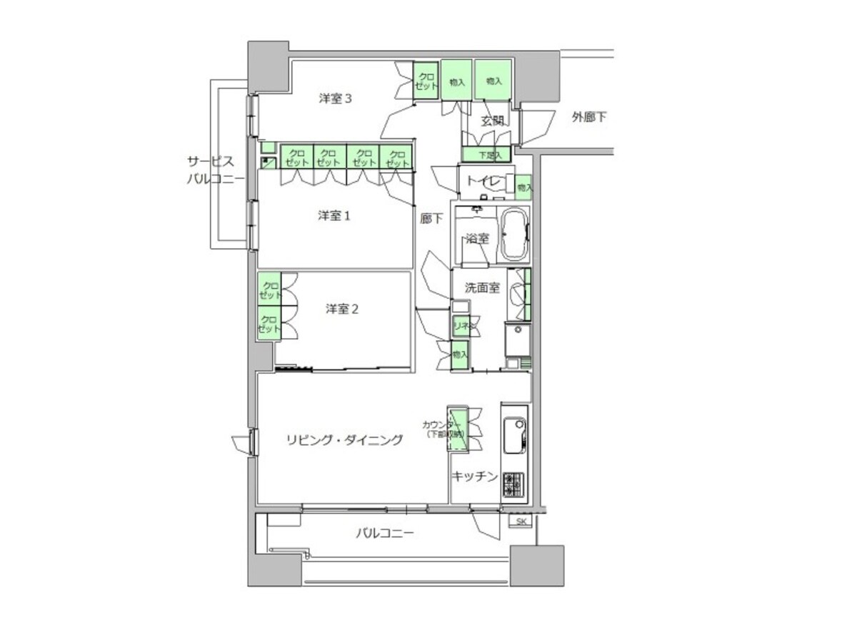水まわりがコンパクトなマンションの間取り例