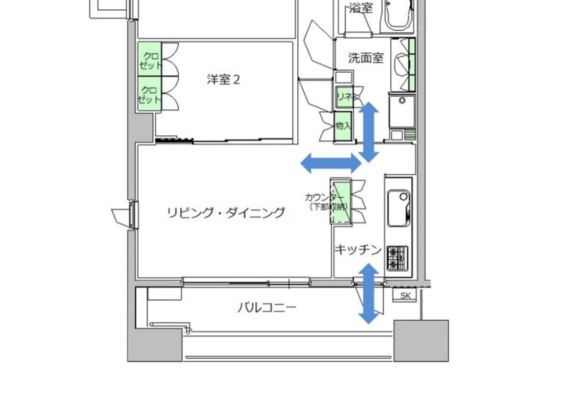 水まわりの拡大図。キッチンがリビング・ダイニング、洗面室、バルコニーの3つにつながる3ウェイ動線になっている
