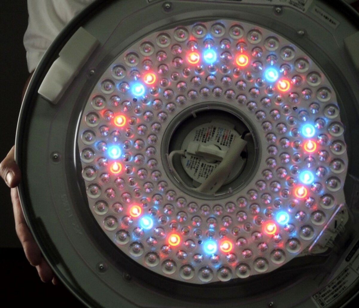 まなびのあかりでは、LEDシーリングに不足がちな青緑色と赤色の成分がプラスされる