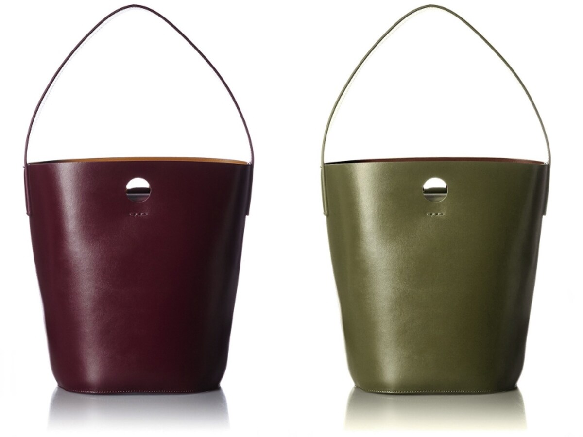 [ヤーキ] スタイリスト安西こずえさんコラボAmazon Fashion別注のバケツ型バッグ　左から、ボルドー×マスタード、カーキ×ブラウン