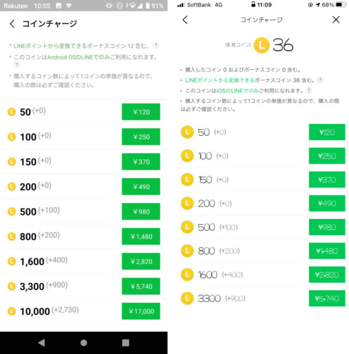 左がAndroid版、右がiOS(iPhone)版。価格設定は同じ