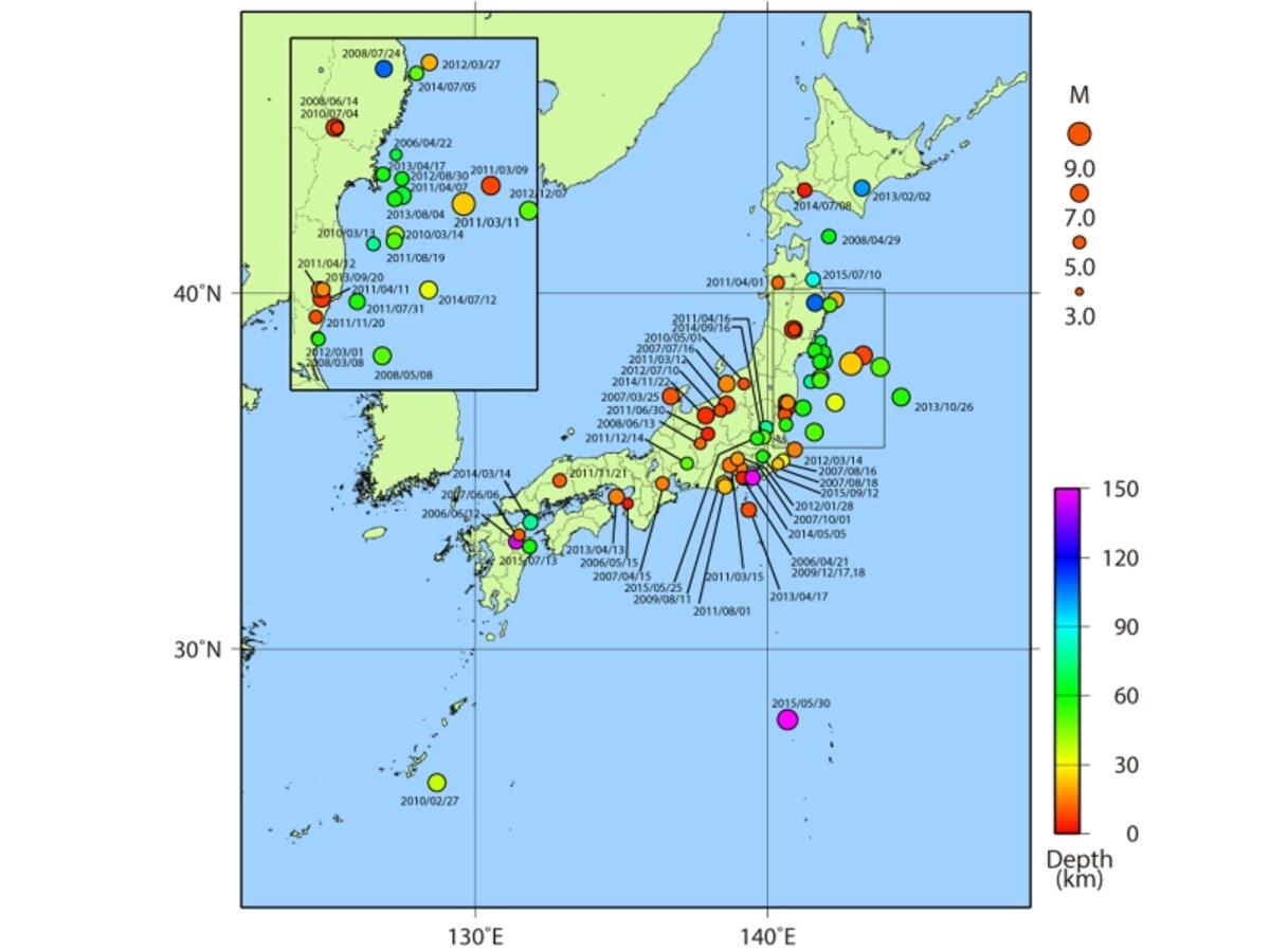 日本付近で発生した主な被害地震の震央分布（平成18年～平成27年）