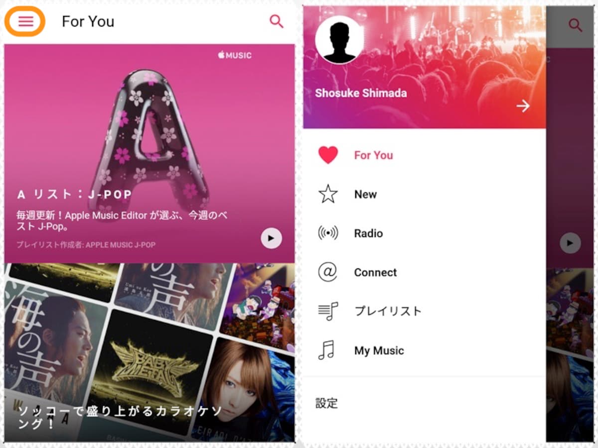 (左)起動直後の画面は「For You」。下にスクロールしていろいろなプレイリストを選べる。(右)メニュー画面で他の項目に移動できる