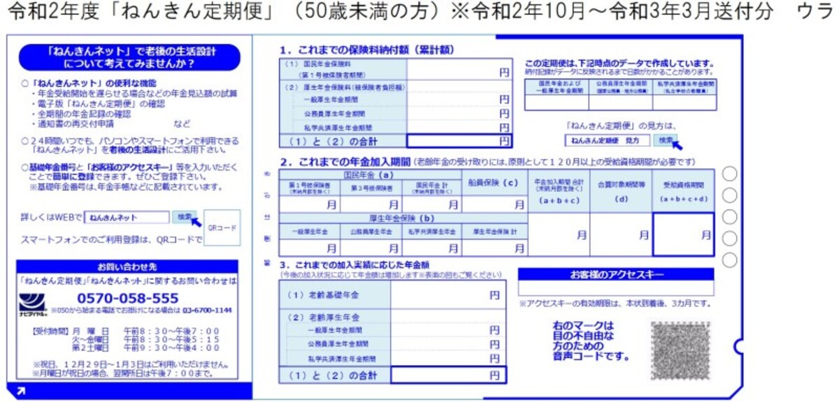 50歳未満の人に送られる最新のねんきん定期便（裏）