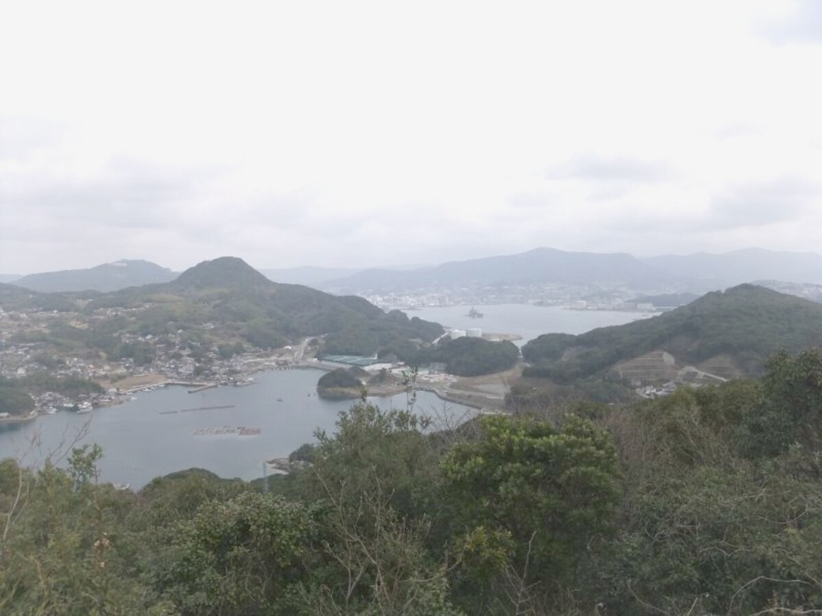 展海峰から望む佐世保市街中心部と佐世保港。半島の細い陸地の向こうに港が見える不思議な風景です(2012年3月撮影)