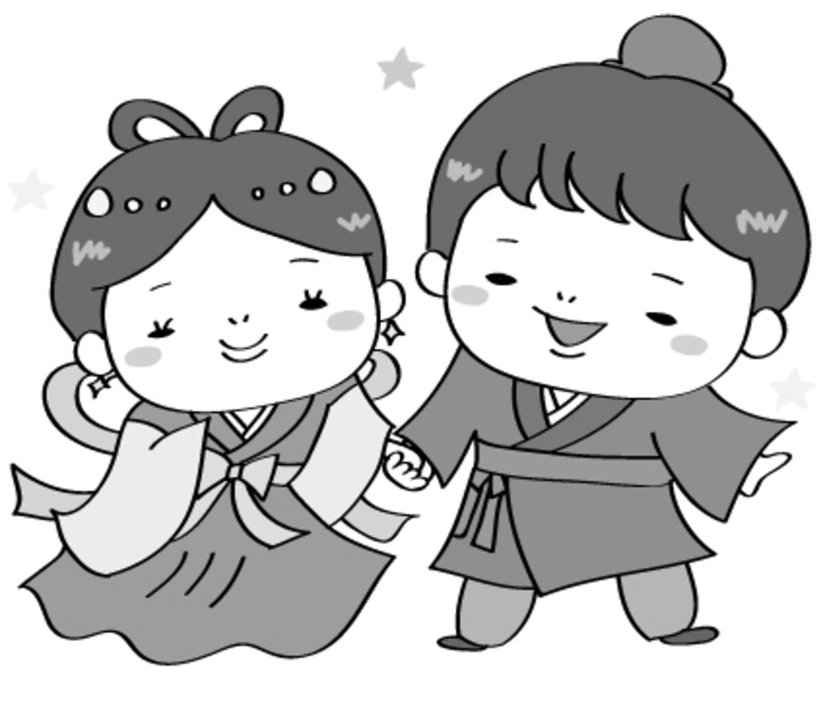 織姫と彦星　七夕　イラスト　白黒　かわいい