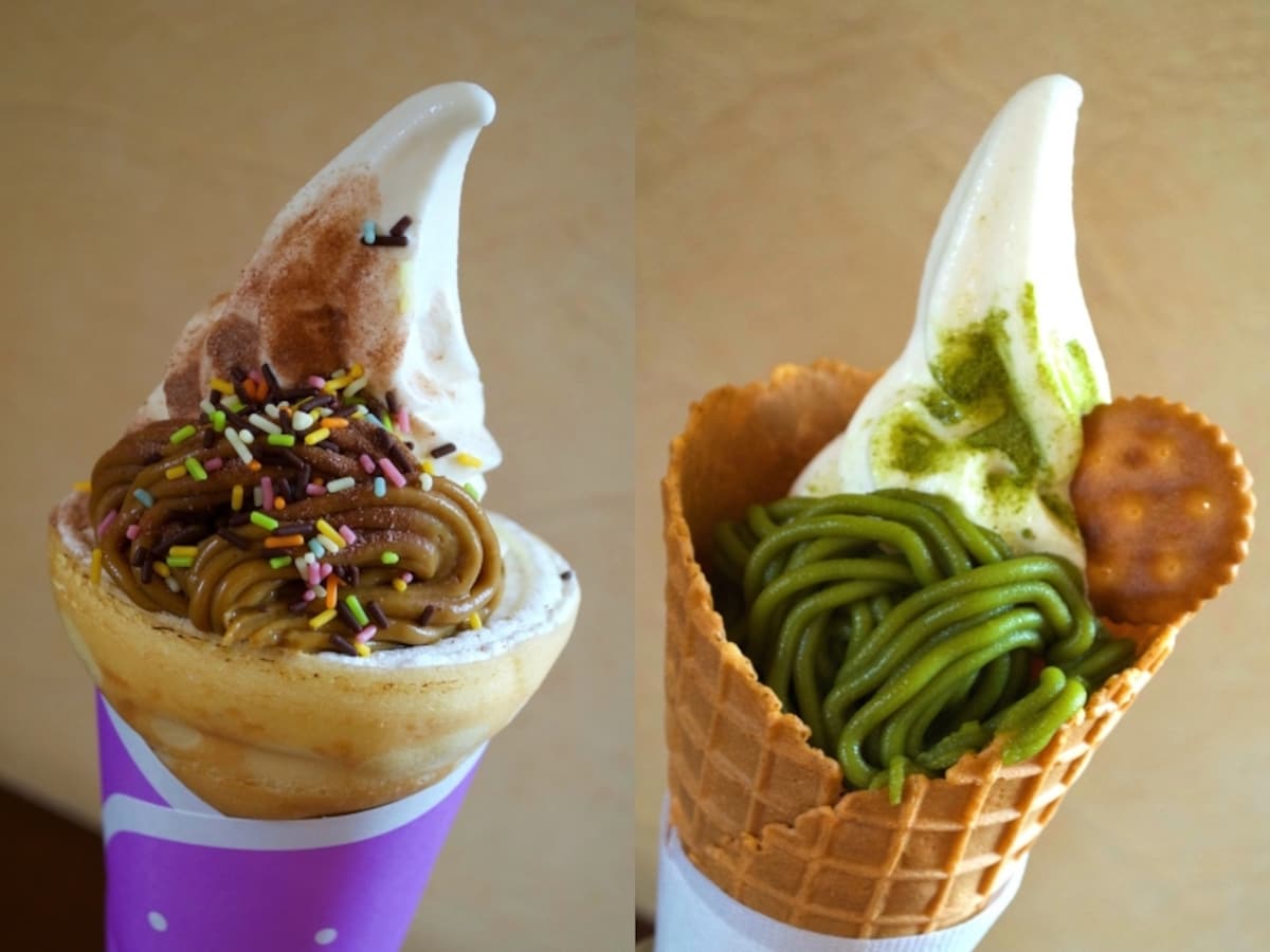 塩キャラメルバナナクレープソフト（左）と抹茶モンブランのソフトクリーム（右）