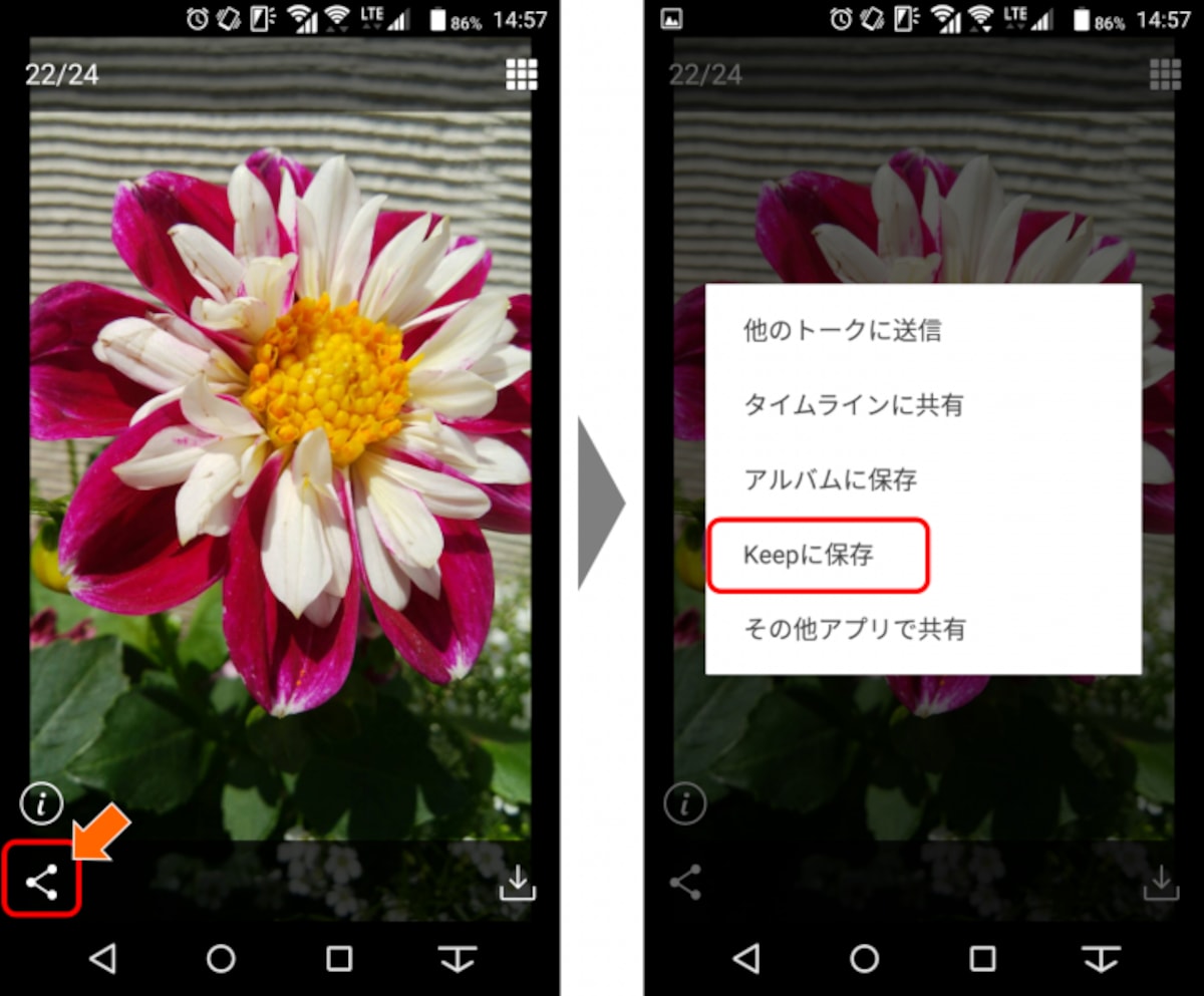 LINEトーク上で、保存したいGIFアニメーションを長押しし、「Keep」に保存をタップする