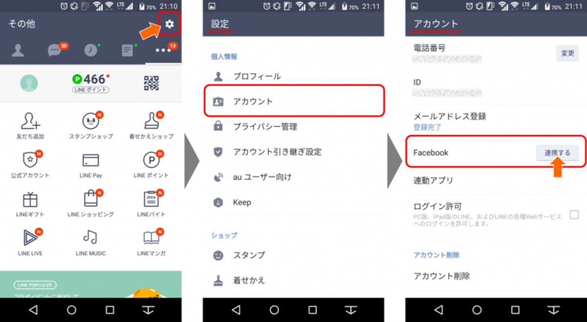 FacebookとLINEアカウントを連携するには、LINEアプリ内の「設定」→「アカウント」→「Facebook　“連携する”」をタップする