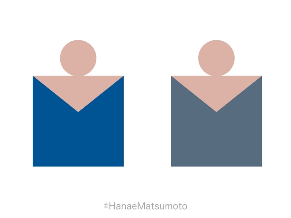 彩度対比の例：肌色は全く同じですが、鮮やかなブルーと組み合わせると色みが抜けたように見え、くすんだブルーと組み合わせると色みが増したように見えます。