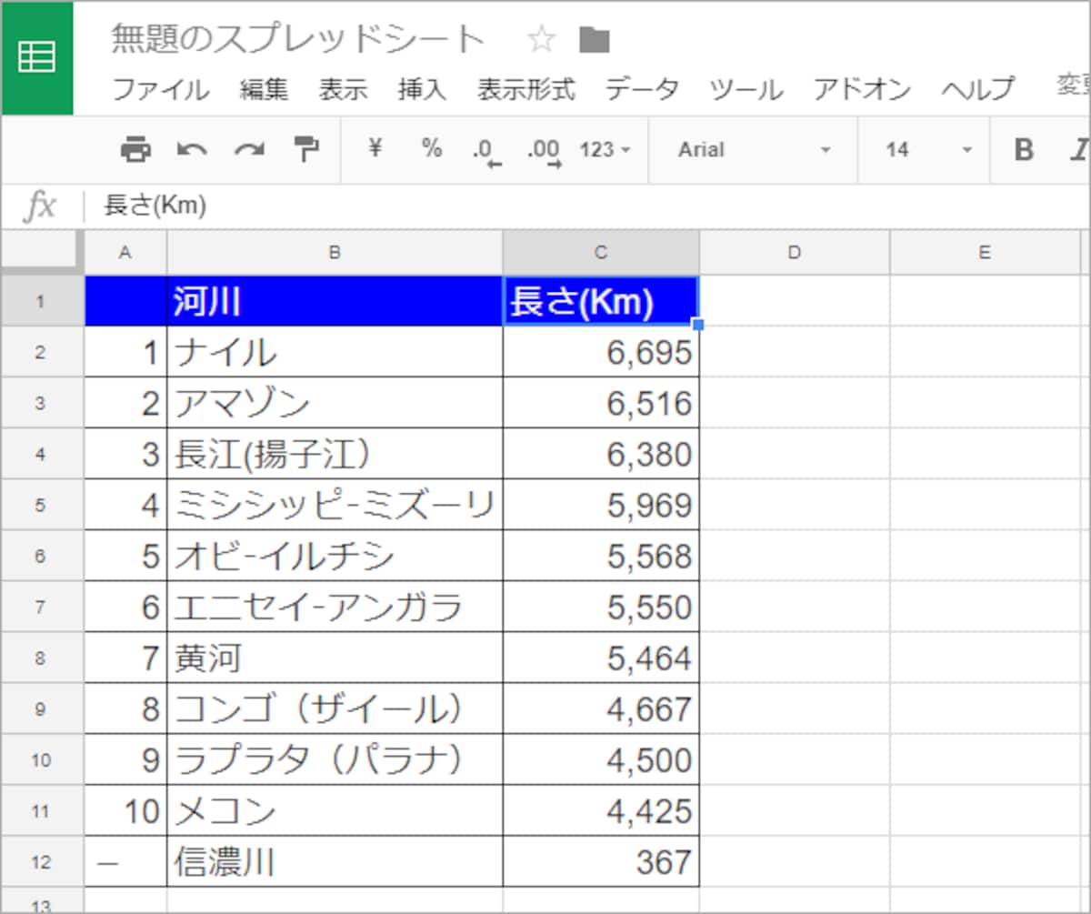 世界の河川の長さをまとめた表です。この表から棒グラフを作ってみましょう