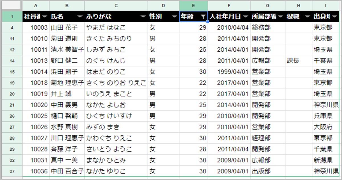 7.30歳以下の社員だけが絞り込まれました。